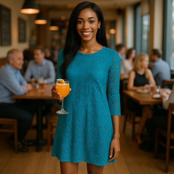 Sharagano Peacock Teal Lace Trapeze Dress - Picture 1 of 8
